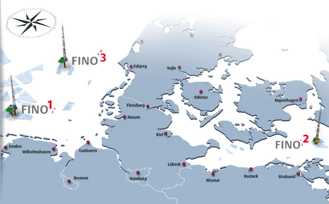 Karte der FINO-Plattformen in Nord- und Ostsee